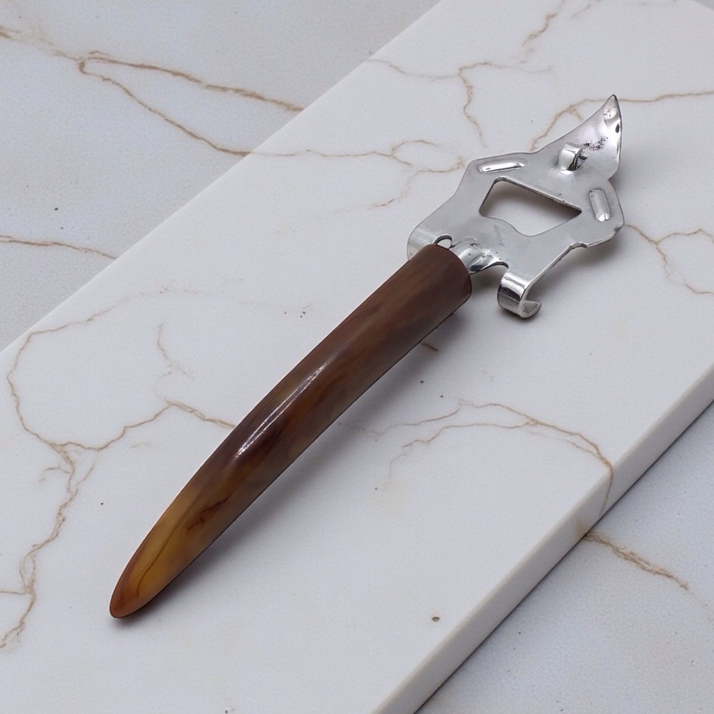 Vintage Mid Century Bakelite Bottle Can Opener Brown Swirled Handle Barware Tool